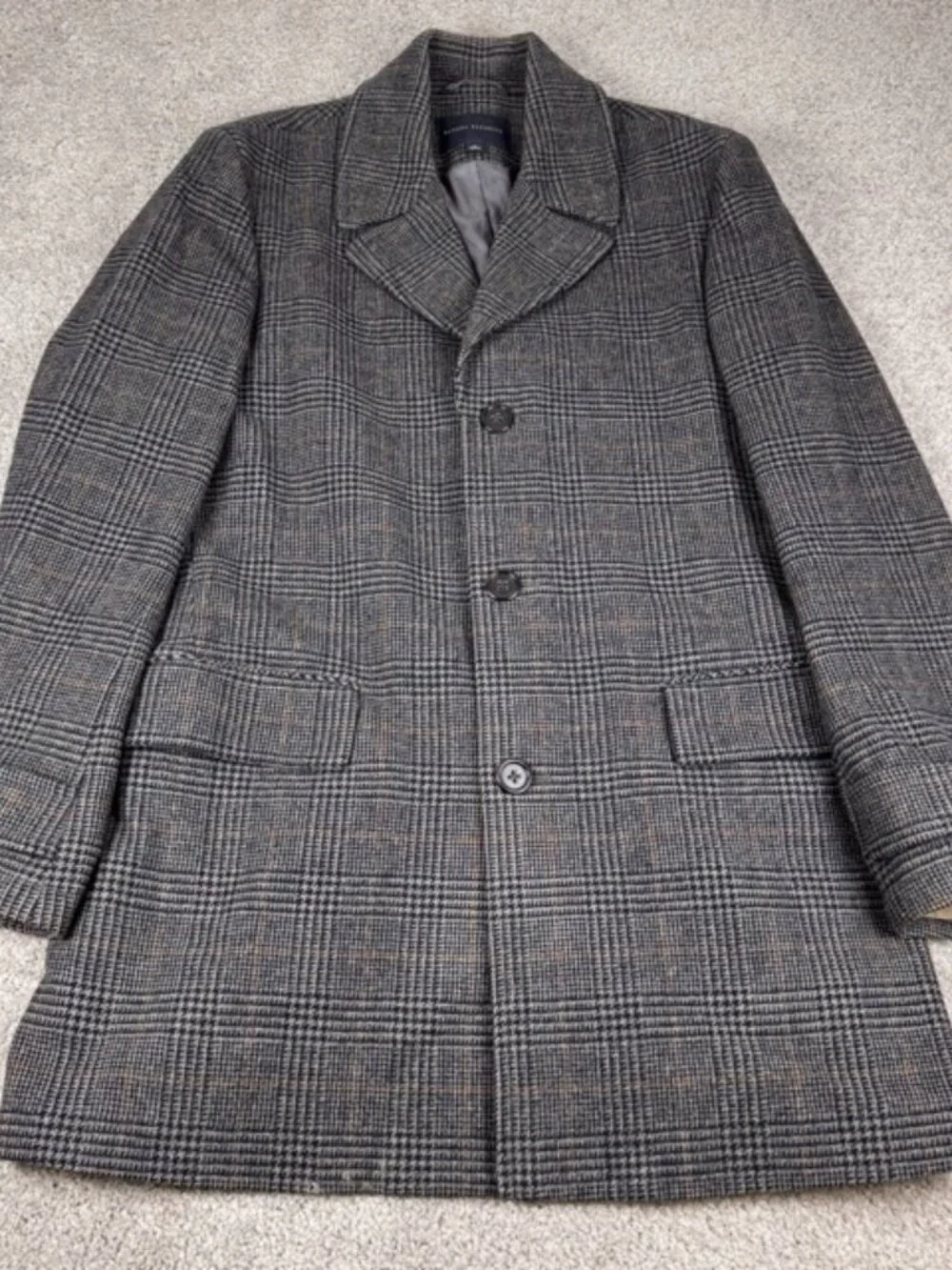 Banana Republic Men’s Wool Gray Glen Plaid Topcoat Trench Jacket Pea Coat Large
